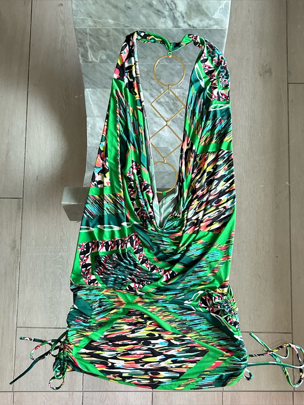 Y2K Green Multicolor Halter-Style Printed Dress